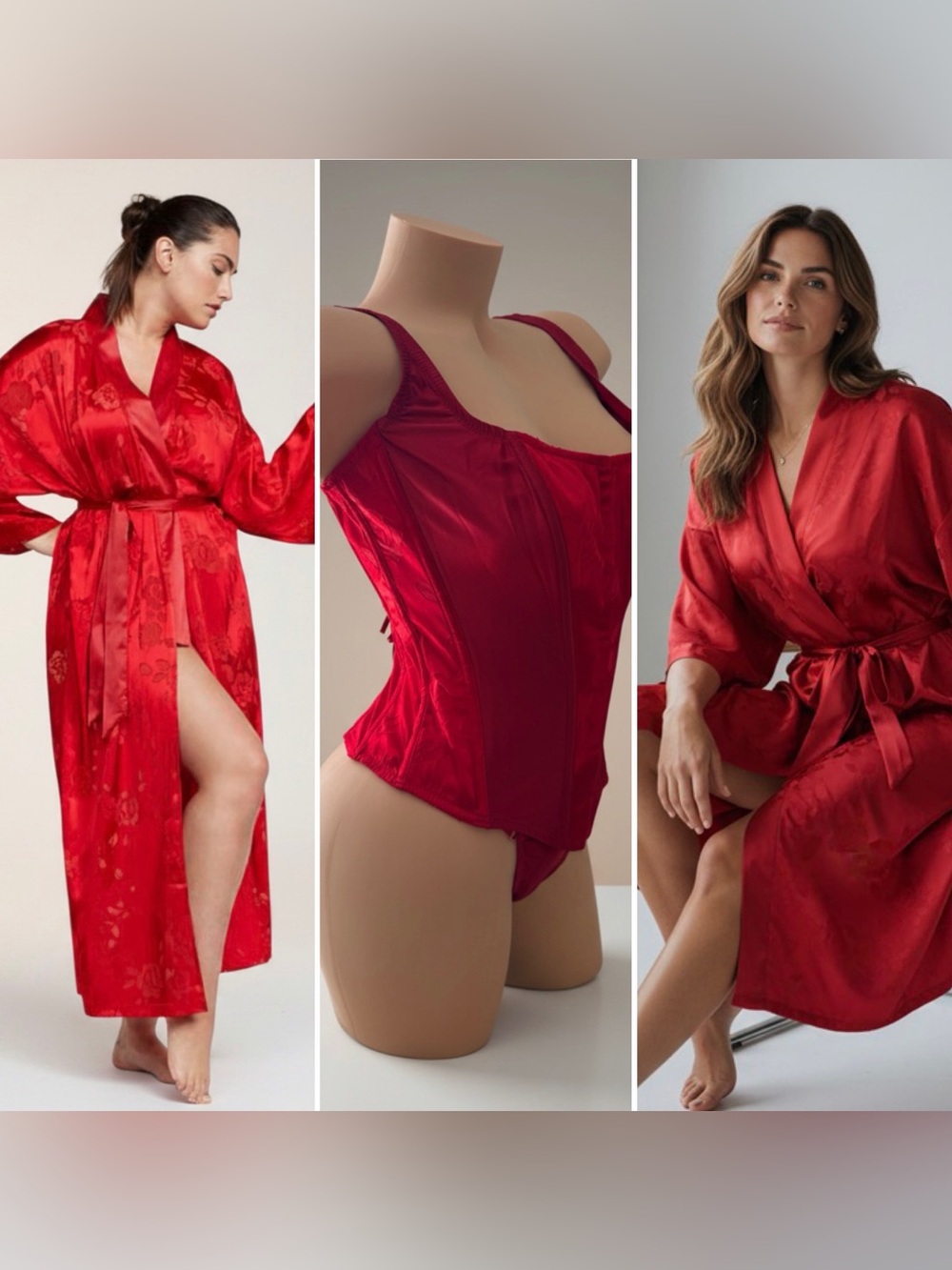 Victorias Secret VS Archives Burnout Satin Long Robe & Lingerie Corset Set Red M